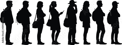Black silhouette icons of diverse individuals standing in line with bags and accessories for lifestyle and public space visuals