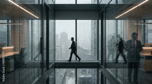 Silhouette of businessman walking through modern office with city view on rainy day