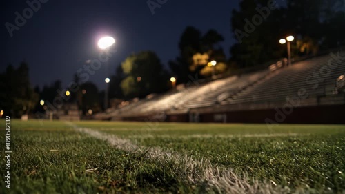 Nighttime medium shot of illuminated sports field lighting casting sharp shadows on the marked grass while the darkened bleachers remain out of focus.