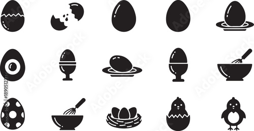 Egg Cooking and Easter Icons Set Breakfast Food Silhouettes