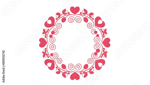 Vibrant pink heart wreath with floral elements and swirls