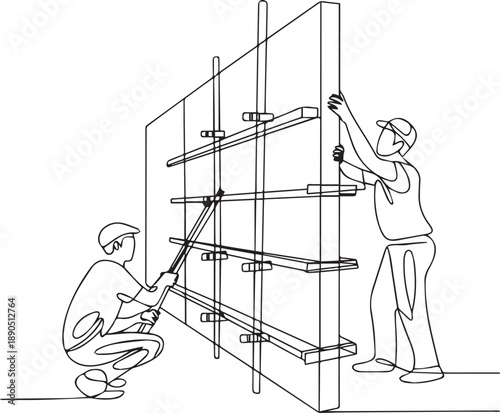 Workers assembling a large shelving unit together in a warehouse setting from a side view