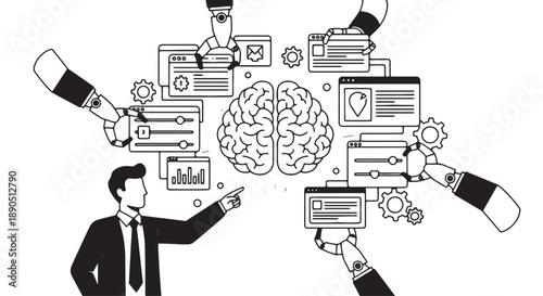 Businessman interacting with robotic arms and digital elements surrounding a human brain illustration