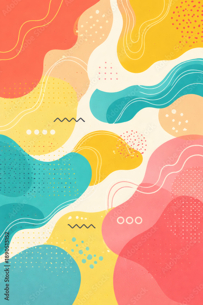 Fototapeta premium Vibrant, flowing abstract design with bright colors, dots, circles, and lines creates a cheerful, dynamic, and eye-catching artistic background.