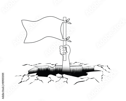 black and white sketch illustration vector design of a hand waving a white flag as a sign of surrender appearing to emerge from a cracked hole