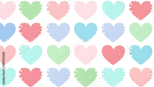 Pastel hearts in various colors on white background