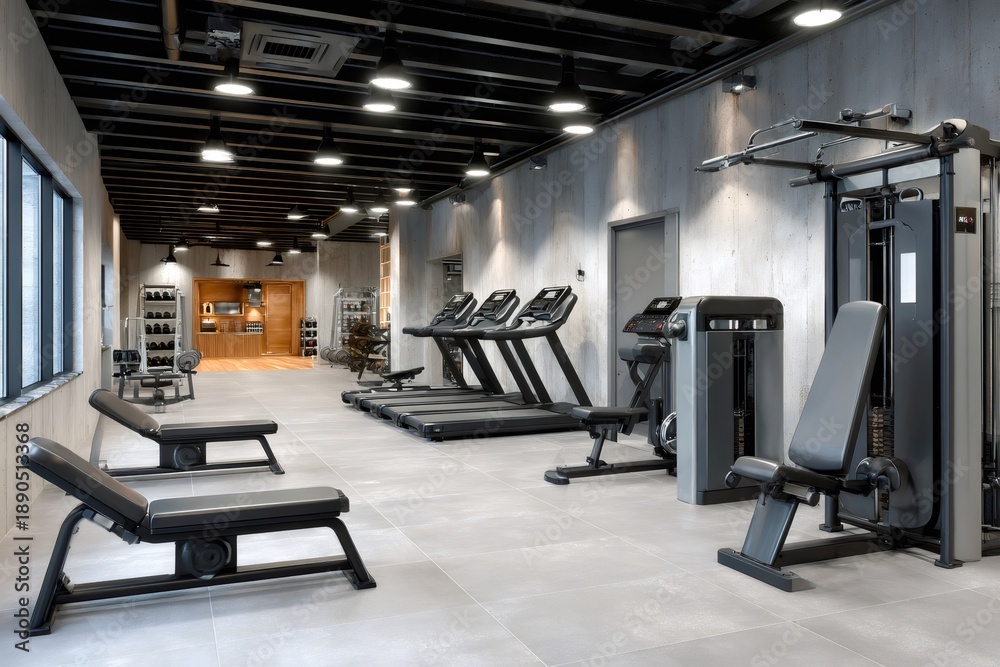 Obraz premium Modern fitness center interior with gym equipment