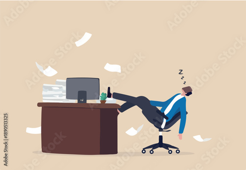 Quiet quitting, lack of work motivation, work boredom or morality, exhaustion or burn out from hard work without recognition concept, unhappy businessman sleeping while working at busy workplace.