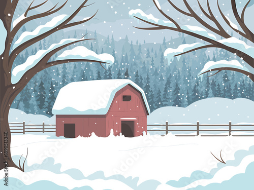 Winter Farmhouse Barn Landscape