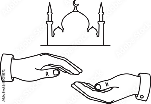 Islamic Charity Giving Hands with Mosque Outline Zakat Silhouette Icon