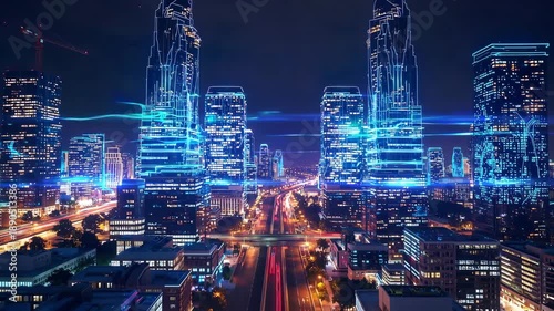 Nighttime urban skyline houston aerial view futuristic technology digital environment city lights