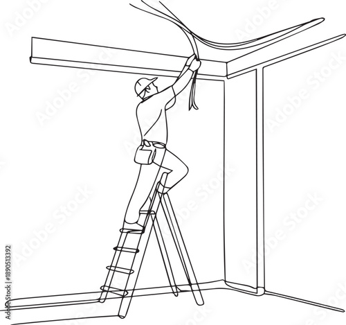 Man installing curtain on a window frame using a ladder in a room