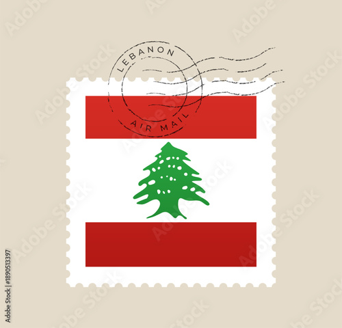 Lebanon flag postage stamp canceled with a grunge air mail postmark for international travel, a retro patriotic vector.