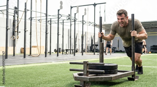 Man working out with a push sled on artificial grass. Fitness training in an indoor gym with strength exercise equipment for intense workout.