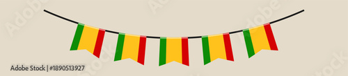 Mali national flag bunting garland hanging on a string for a patriotic celebration or festive holiday event.