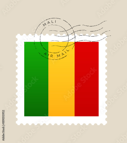 Malian flag postage stamp featuring a vintage air mail postmark on a retro background for patriotic travel concepts.