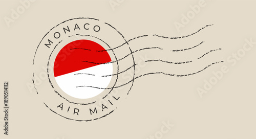 Vintage Monaco air mail postmark vector with the national flag, an isolated travel stamp for correspondence design.