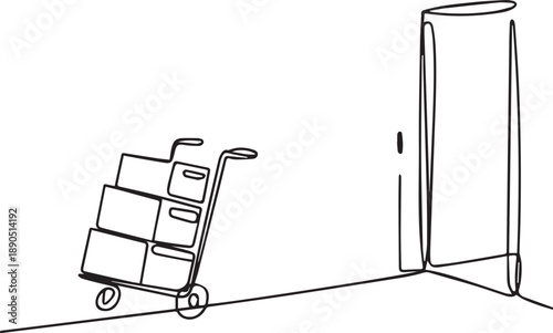 A cart loaded with boxes stands beside an open door in a minimalist room viewed from a slight angle