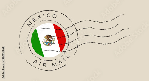 Mexican flag vector inside a circular air mail postmark stamp for international travel and tourism concepts with a retro grunge feel.