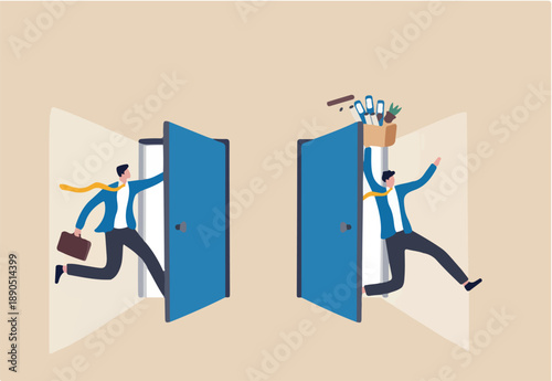 Staff turnover or job rotation in people management, human resources to manage to recruit new people for replacement concept, businessman new hire entering office while other resigned for new job.