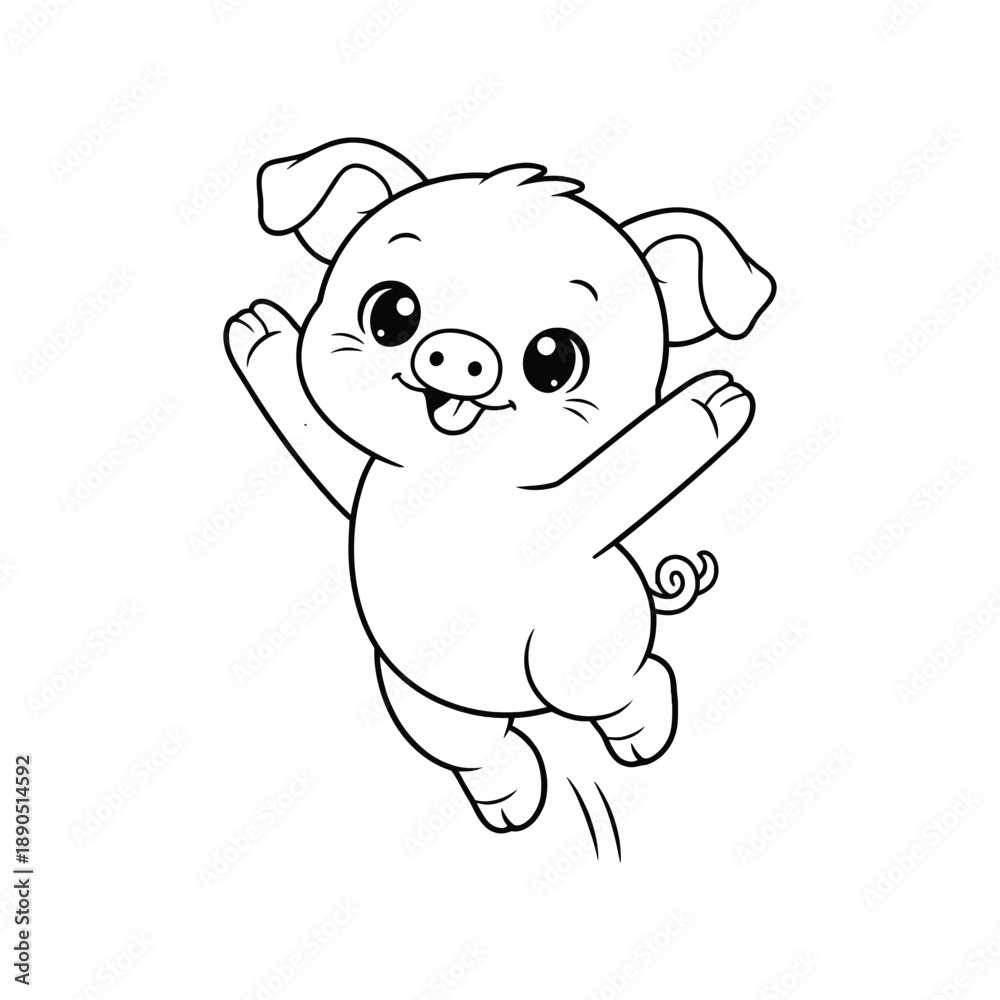 Obraz premium Jumping Piglet Coloring Page Black and White Line Art Cute Baby Pig Cartoon for Children Printable