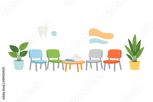 Waiting area with colorful chairs and plants in a dental office during daytime