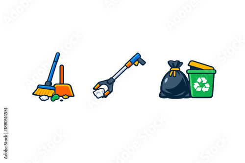 Tools for cleaning and waste management used in a community cleanup event in a park on a sunny afternoon