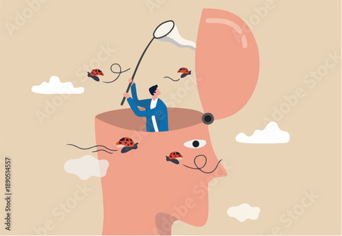 Distraction, social media or environment that disturb and cannot focus on work, unproductive lifestyle concept, human head with himself losing focus and distracted by bugs flying around.