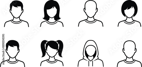 User avatar vector icons set, black minimal male and female profile silhouettes for account, social media, interface, UI, UX design