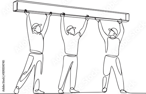 Three workers lifting a large beam together in a coordinated effort from a low angle