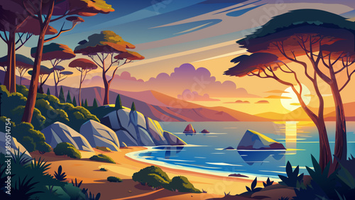 Very beautiful coastal scenery with stone pine trees silhouetted against a glowing sunset over a calm beach in Tuscany, Italy.