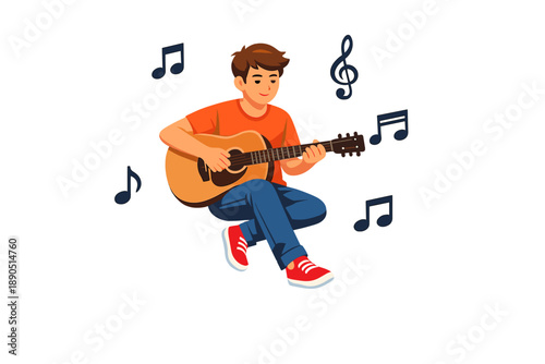 Young boy plays guitar while sitting on the floor and enjoying music in a bright room filled with notes around him