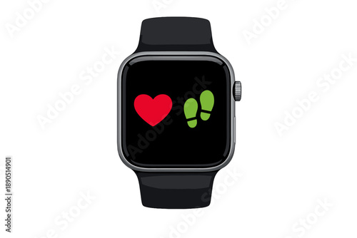 Digital watch display showing heart and footsteps symbol indicating fitness activities and health tracking features in a modern design