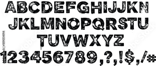 Distressed grunge-style uppercase alphabet, numerals, and punctuation characters for edgy, urban, and vintage-themed typography visuals