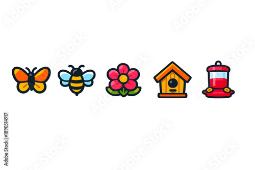 Colorful icons of a butterfly, a bee, a flower, a birdhouse, and a hummingbird feeder seen in a simple design on a white background