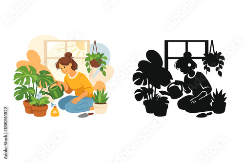 Woman waters plants indoors near a window in a bright space during daytime with various potted plants surrounding her on a table and floor