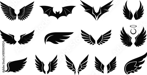 Wing vector icons set, black angel, bird and bat wings silhouettes for logo, tattoo, emblem, fantasy, freedom graphic design