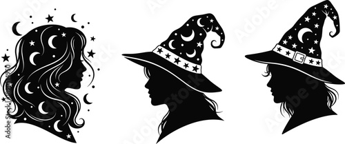Witch silhouette vector portraits set, black magical women profiles with moon and stars, fantasy, mystic, Halloween graphic design illustrations