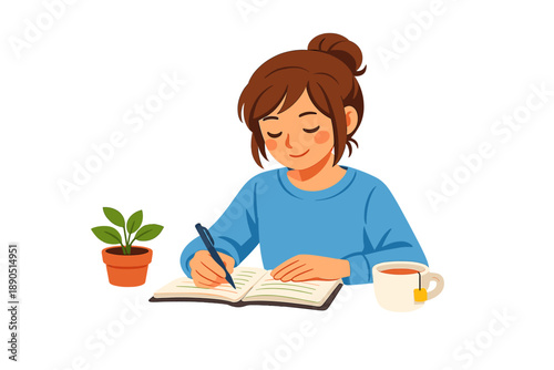 Person writes in notebook while sitting at a table with a cup of tea and a small plant beside them