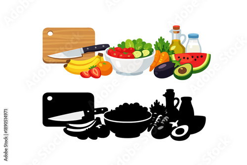 Table with fresh fruits and vegetables ready for preparation, along with a cutting board and kitchen utensils at a bright kitchen setting during the day