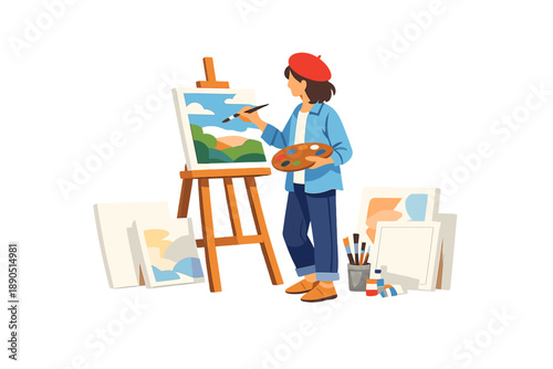 Person paints on canvas with a palette in hand in an art studio with unfinished works nearby while daytime light shines through