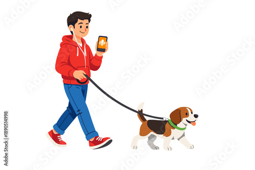 Young man walks dog while using smartphone in a city park during daytime