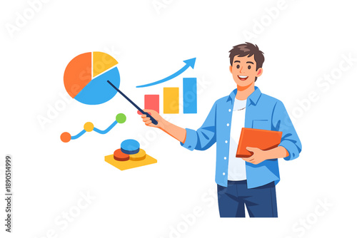 Person presents data using a pointer and charts in a simple setting to explain concepts related to business analysis and reporting in an office environment