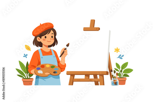 Young artist holds brush and palette in front of blank canvas with plants nearby in creative indoor space during day