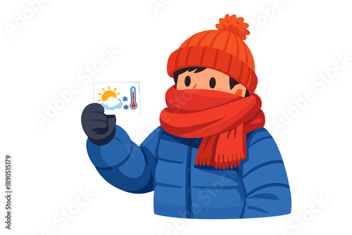 Boy checking weather with thermometer showing cold temperature in winter season while wearing warm clothes and scarf in a snowy environment