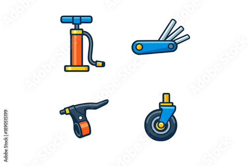 Tools for fixing bikes are displayed including a pump, multi-tool, brake lever, and wheel caster