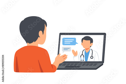 Online doctor consultation takes place at home during daytime on a laptop screen with a patient and a doctor interacting