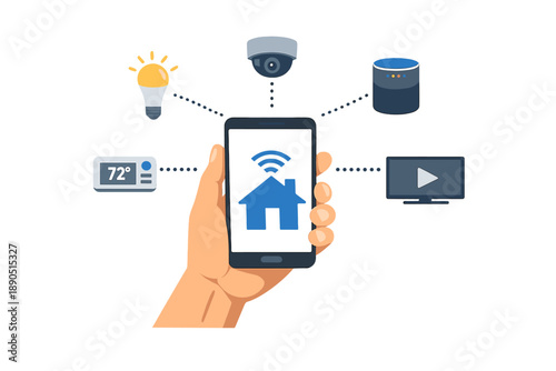 Hand holding smartphone showing home wireless connection with smart devices around, including light bulb, camera, speaker, thermostat, and TV