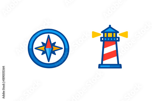 Symbol of navigation with a lighthouse on the right side and a compass on the left side showing direction for travelers and sailors in a clear layout