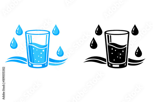 Visual representation of a glass of water with droplets, showing both blue and black versions on a plain background